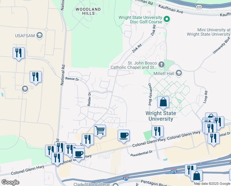 map of restaurants, bars, coffee shops, grocery stores, and more near 2322 Zink Road in Fairborn