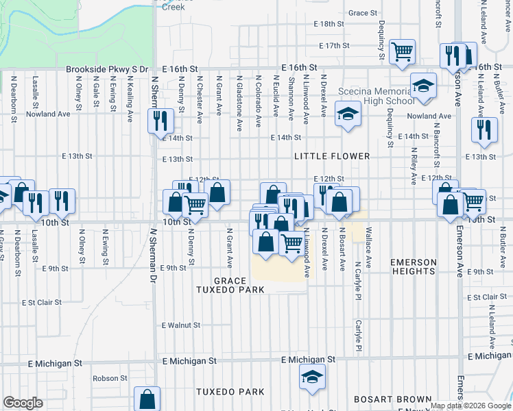 map of restaurants, bars, coffee shops, grocery stores, and more near 4304 East 10th Street in Indianapolis