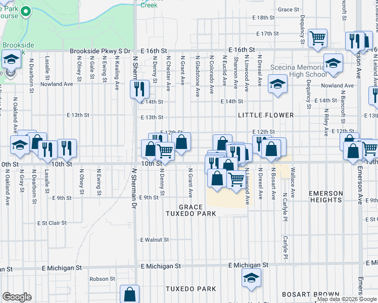 map of restaurants, bars, coffee shops, grocery stores, and more near 4128 East 10th Street in Indianapolis