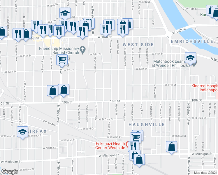 map of restaurants, bars, coffee shops, grocery stores, and more near 1025 Sharon Avenue in Indianapolis