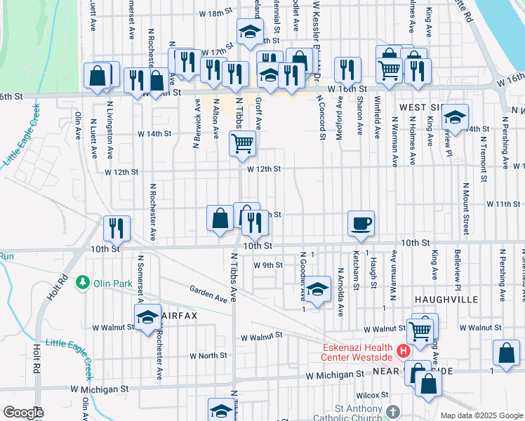 map of restaurants, bars, coffee shops, grocery stores, and more near 1024 Mitchell Street in Indianapolis