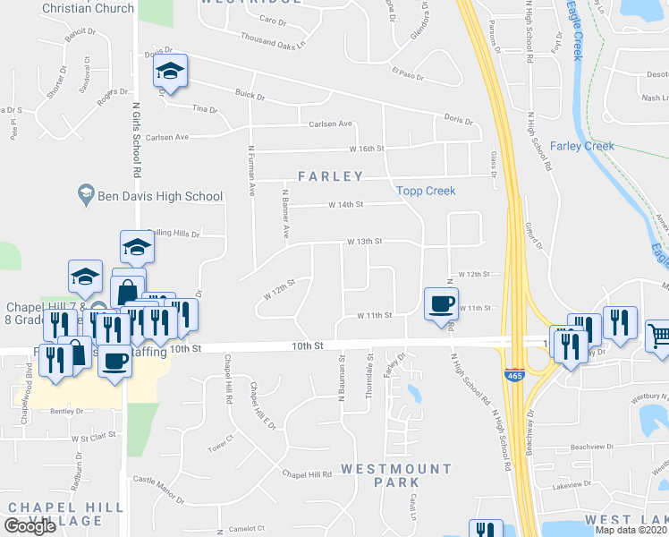 map of restaurants, bars, coffee shops, grocery stores, and more near 1201 North Bauman Street in Indianapolis