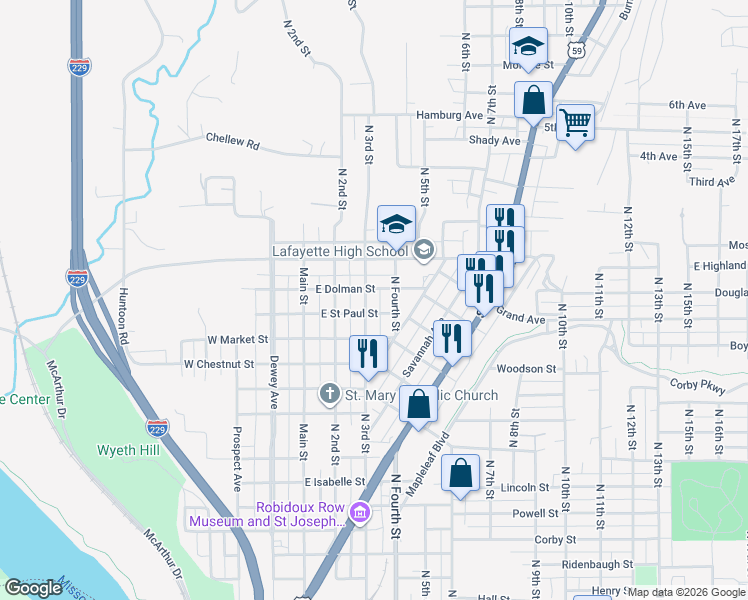 map of restaurants, bars, coffee shops, grocery stores, and more near 1918 North 3rd Street in Saint Joseph