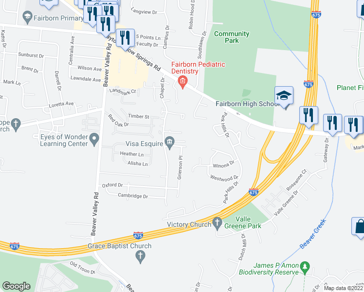 map of restaurants, bars, coffee shops, grocery stores, and more near Grierson Pl & Sycamore Dr in Fairborn