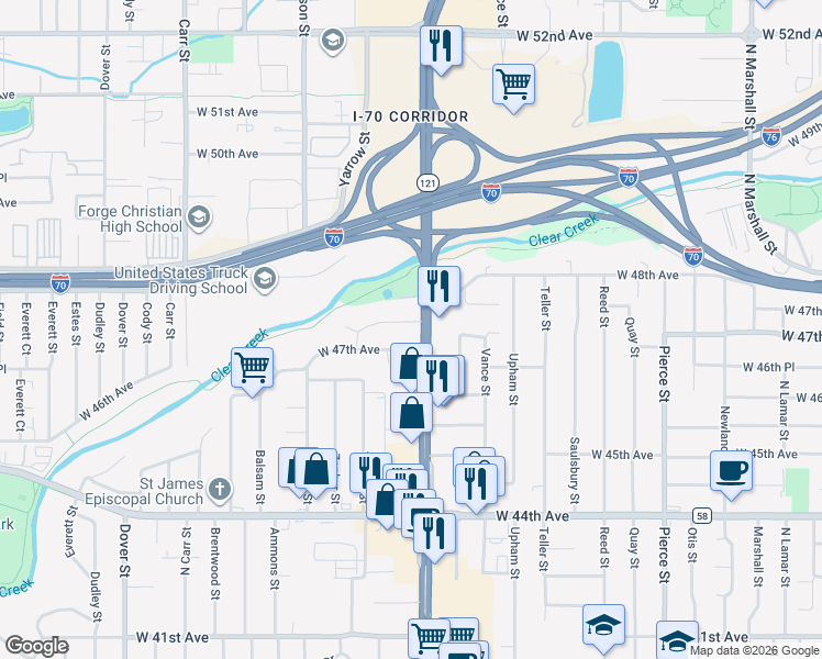 map of restaurants, bars, coffee shops, grocery stores, and more near 7640 West 47th Avenue in Wheat Ridge