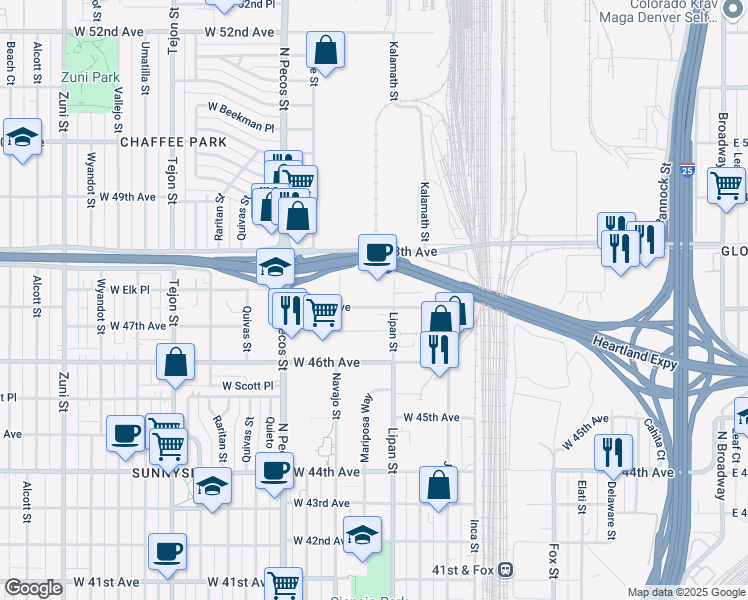 map of restaurants, bars, coffee shops, grocery stores, and more near 1280 W 47th Ave in Denver