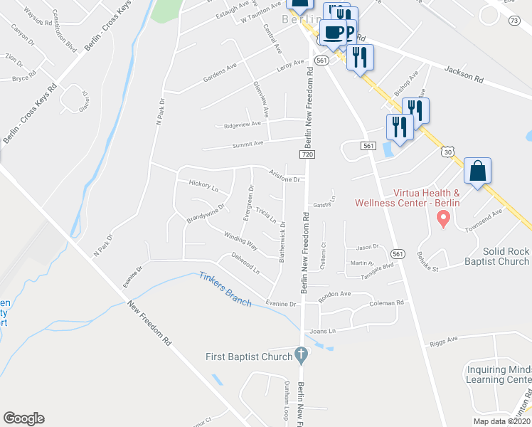 map of restaurants, bars, coffee shops, grocery stores, and more near 5 Tricia Lane in Berlin