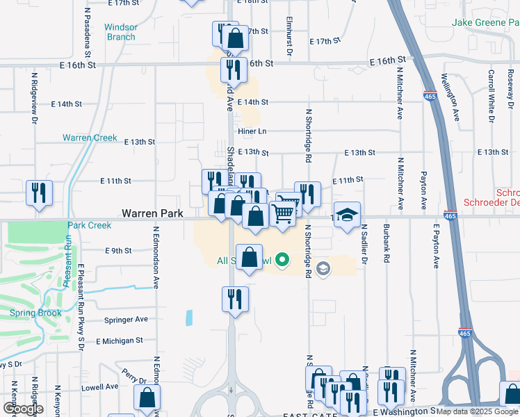 map of restaurants, bars, coffee shops, grocery stores, and more near 2702 Shadeland Avenue in Indianapolis