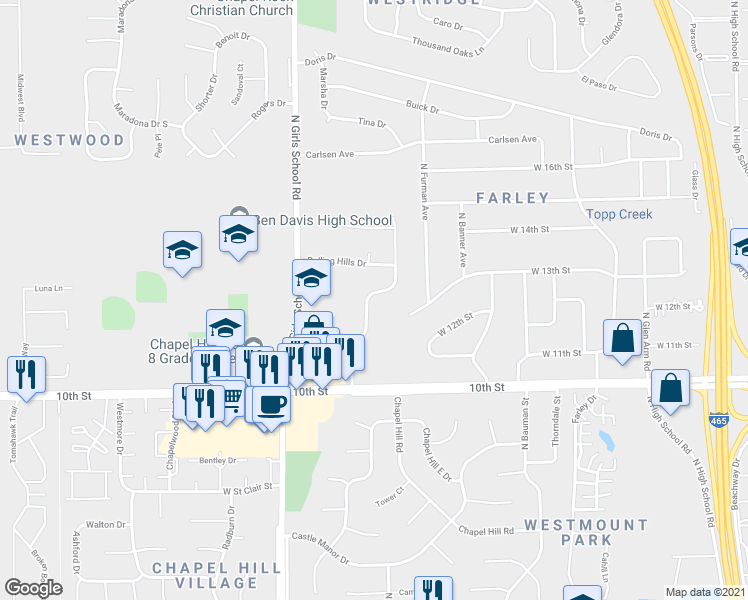 map of restaurants, bars, coffee shops, grocery stores, and more near 1221 Topp Creek Drive in Indianapolis