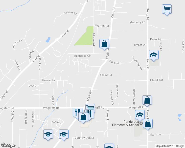 map of restaurants, bars, coffee shops, grocery stores, and more near 1453 Mayhew Lane in Paradise