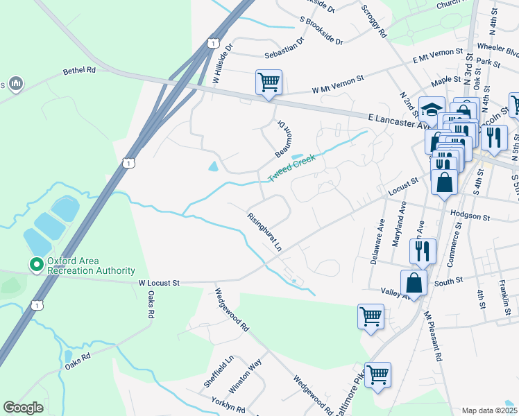 map of restaurants, bars, coffee shops, grocery stores, and more near 605 Abingdon Circle in Oxford