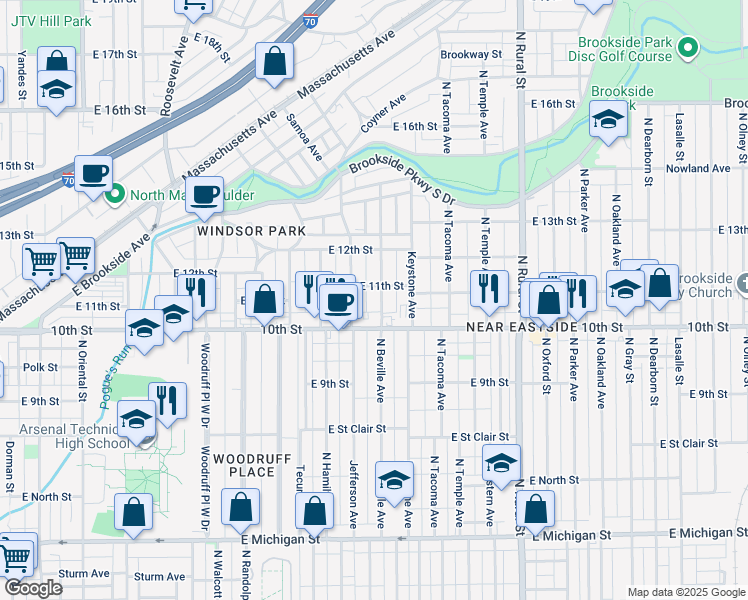 map of restaurants, bars, coffee shops, grocery stores, and more near 1030 North Beville Avenue in Indianapolis