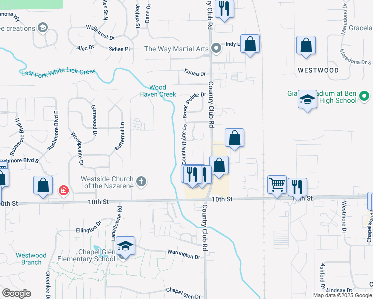 map of restaurants, bars, coffee shops, grocery stores, and more near 1247 Country Ridge Lane in Indianapolis