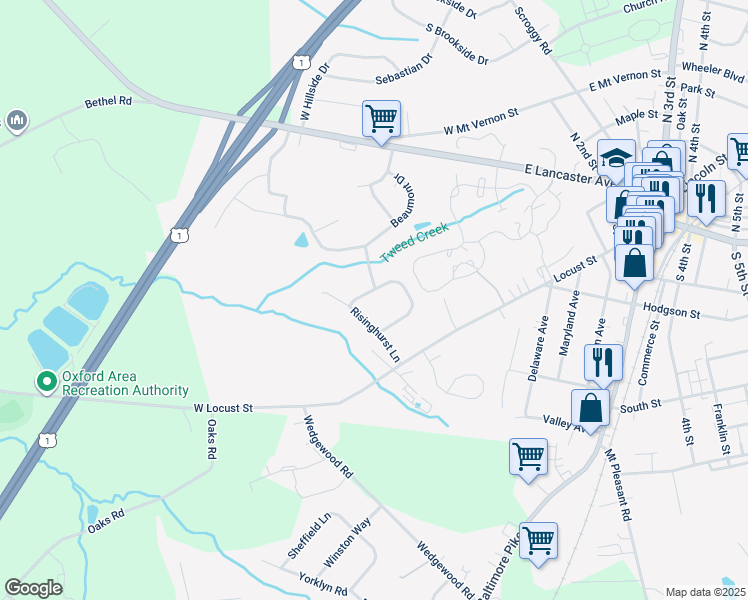 map of restaurants, bars, coffee shops, grocery stores, and more near 607 Abingdon Circle in Oxford
