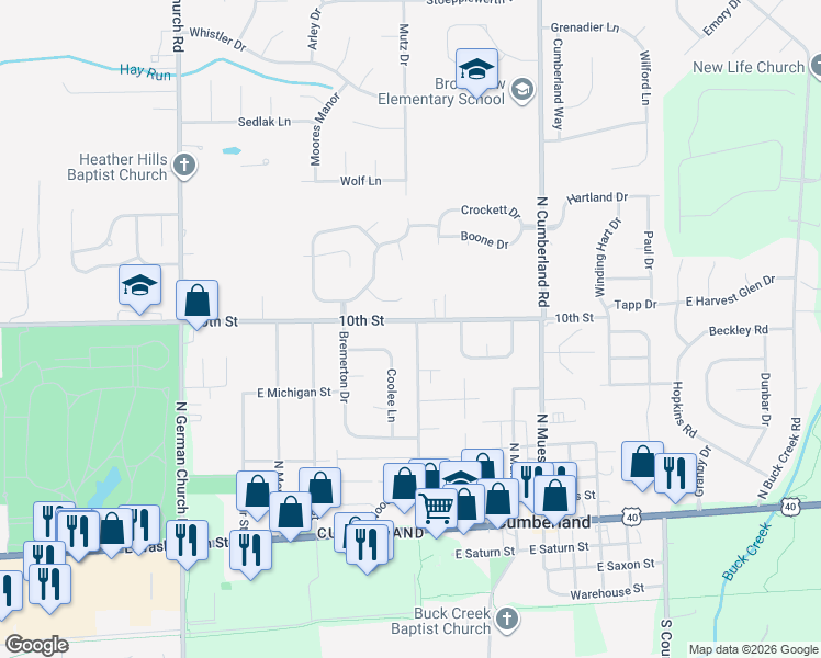 map of restaurants, bars, coffee shops, grocery stores, and more near 11454 East 10th Street in Indianapolis