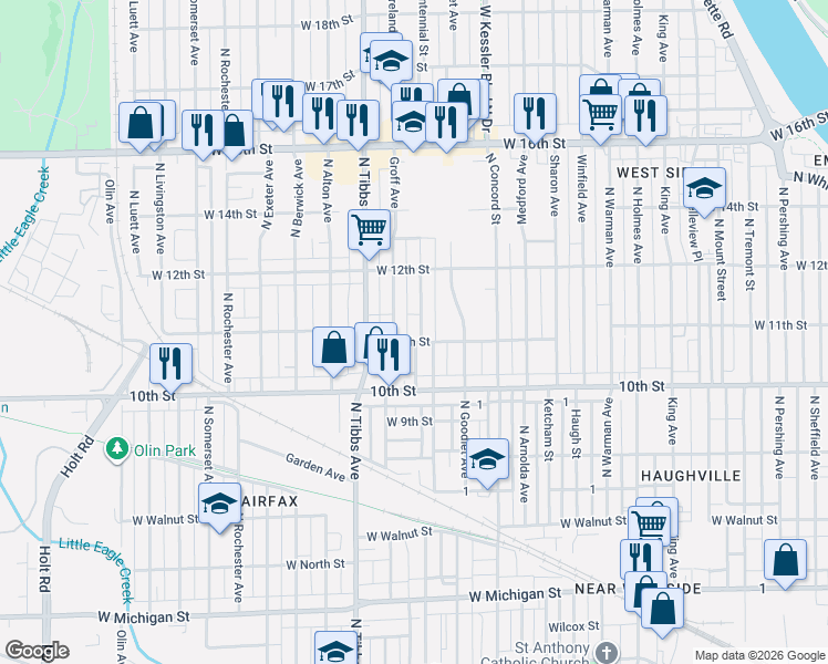 map of restaurants, bars, coffee shops, grocery stores, and more near 1140 North Centennial Street in Indianapolis