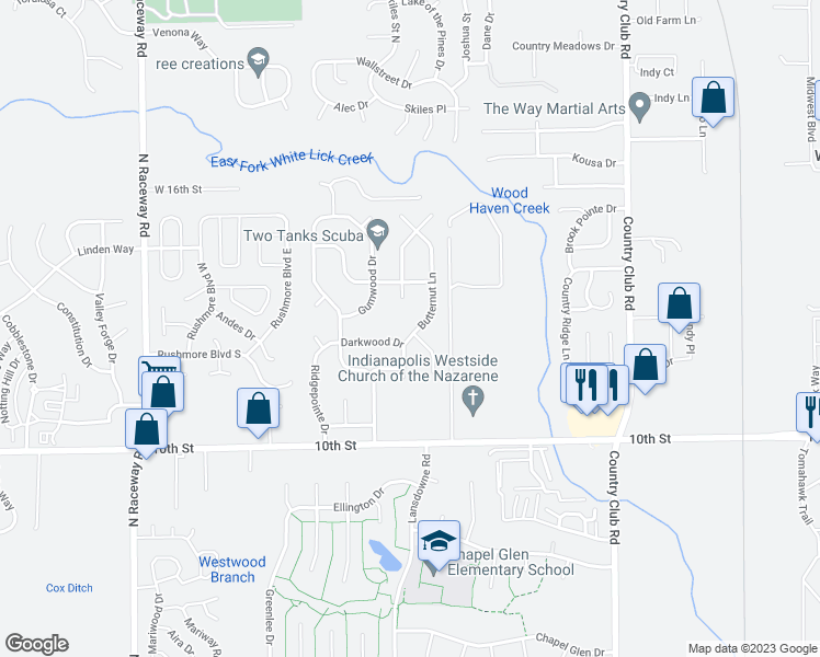 map of restaurants, bars, coffee shops, grocery stores, and more near 1228 Butternut Lane in Indianapolis