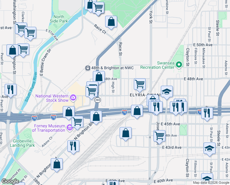 map of restaurants, bars, coffee shops, grocery stores, and more near 4752 High Street in Denver