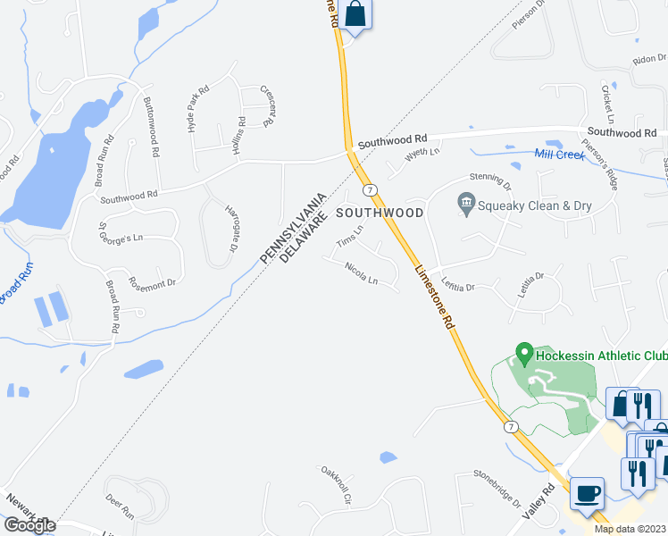 map of restaurants, bars, coffee shops, grocery stores, and more near 307 Nicola Lane in Hockessin