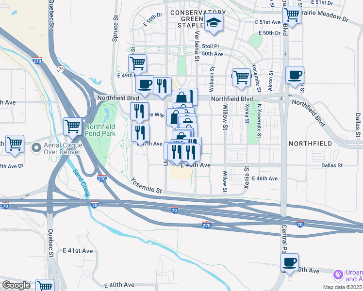 map of restaurants, bars, coffee shops, grocery stores, and more near Main Street in Denver