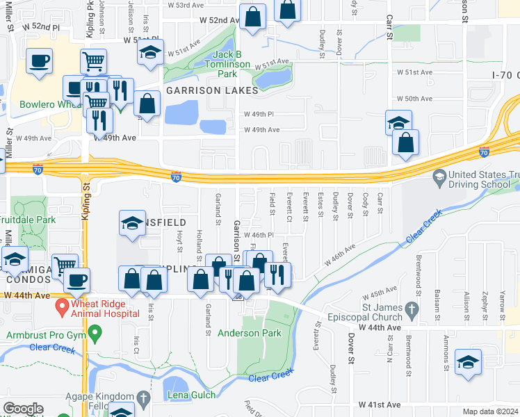 map of restaurants, bars, coffee shops, grocery stores, and more near 4786 Flower Street in Wheat Ridge