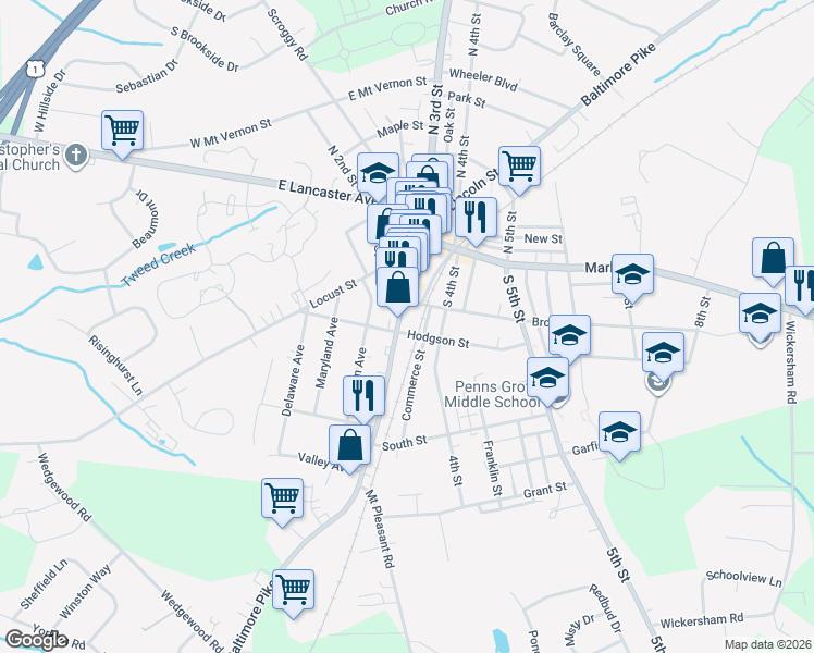 map of restaurants, bars, coffee shops, grocery stores, and more near 101 South 3rd Street in Oxford