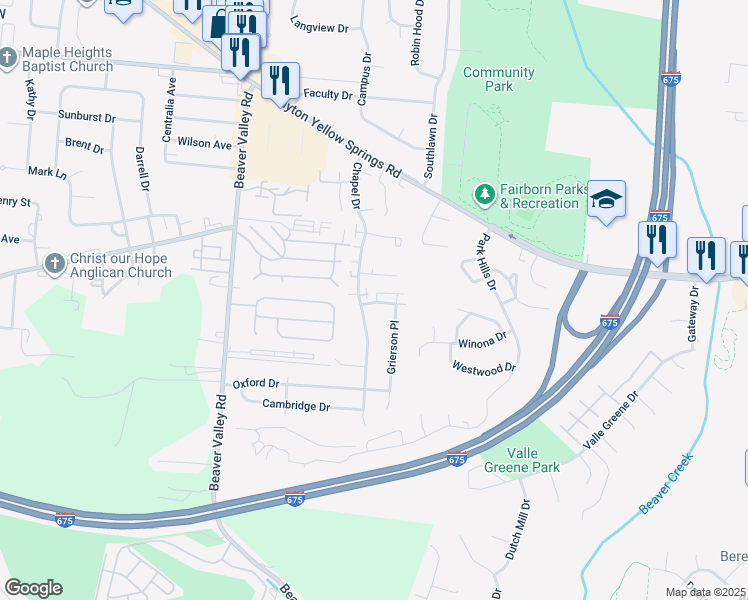 map of restaurants, bars, coffee shops, grocery stores, and more near 426 White Ash Court in Fairborn