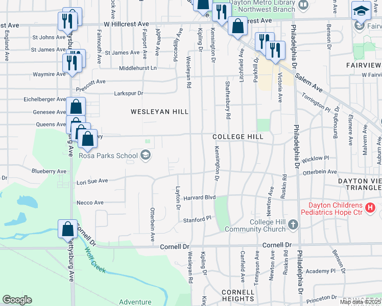 map of restaurants, bars, coffee shops, grocery stores, and more near 1830 Wesleyan Road in Dayton