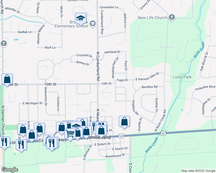 map of restaurants, bars, coffee shops, grocery stores, and more near 11736 East 10th Street in Indianapolis