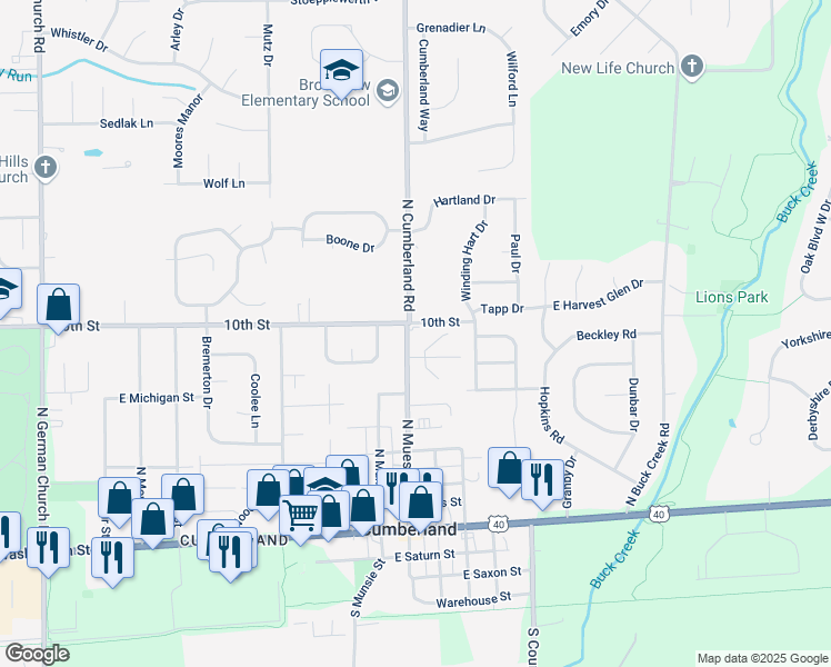 map of restaurants, bars, coffee shops, grocery stores, and more near 1016 North Cumberland Road in Indianapolis