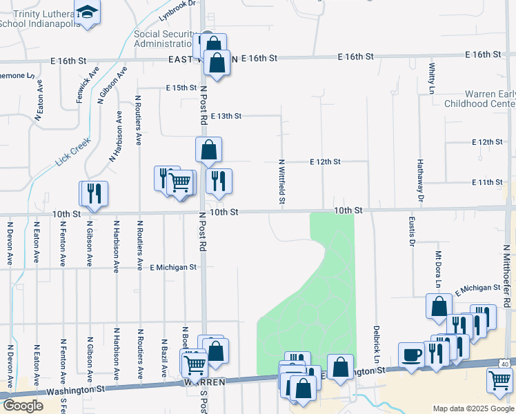 map of restaurants, bars, coffee shops, grocery stores, and more near 9100 East 10th Street in Indianapolis