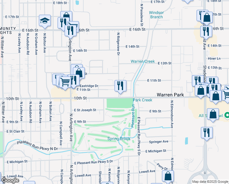 map of restaurants, bars, coffee shops, grocery stores, and more near 1060 North Ridgeview Drive in Indianapolis