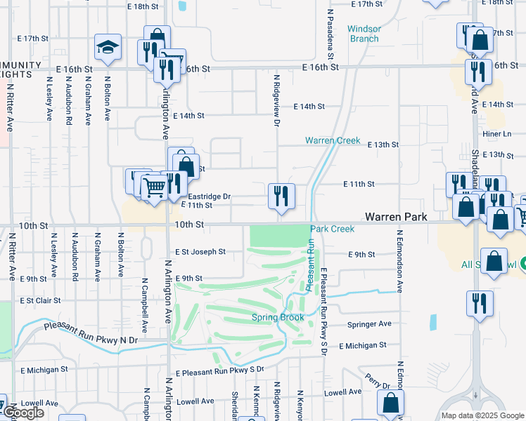 map of restaurants, bars, coffee shops, grocery stores, and more near 1060 North Ridgeview Drive in Indianapolis
