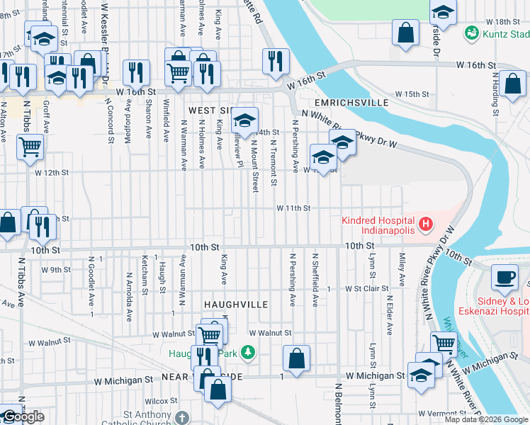 map of restaurants, bars, coffee shops, grocery stores, and more near 1114 North Mount Street in Indianapolis
