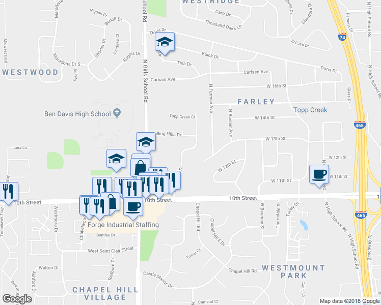 map of restaurants, bars, coffee shops, grocery stores, and more near 7101 Rolling Hills Drive in Indianapolis