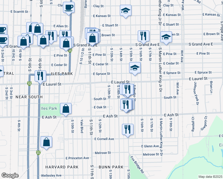 map of restaurants, bars, coffee shops, grocery stores, and more near 1801-1835 South 13th Street in Springfield