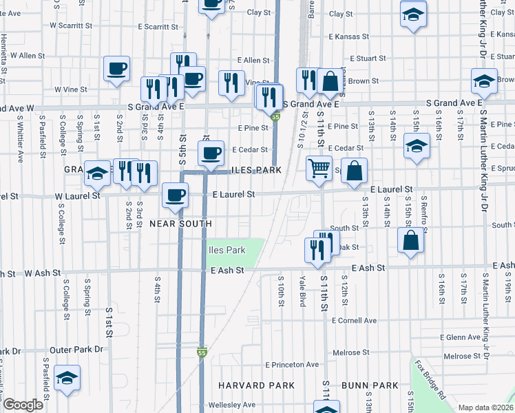 map of restaurants, bars, coffee shops, grocery stores, and more near 851-899 East Laurel Street in Springfield
