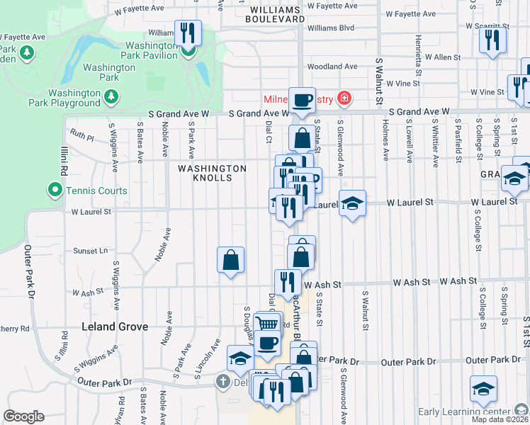 map of restaurants, bars, coffee shops, grocery stores, and more near 1621 Dial Court in Springfield