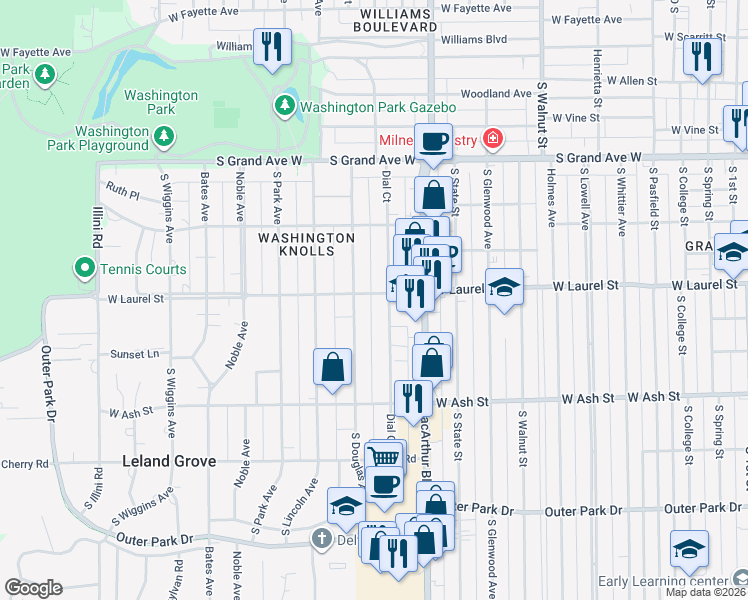 map of restaurants, bars, coffee shops, grocery stores, and more near 1621 Dial Court in Springfield