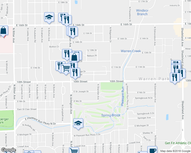 map of restaurants, bars, coffee shops, grocery stores, and more near 6203 East 11th Street in Indianapolis