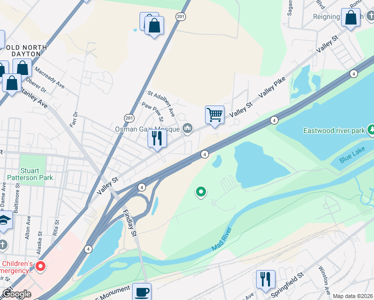 map of restaurants, bars, coffee shops, grocery stores, and more near 1508 Valley Street in Dayton