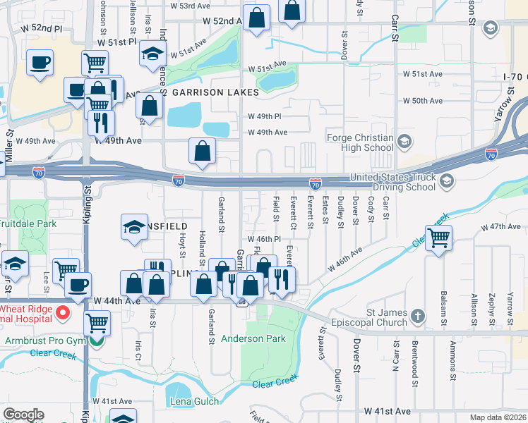 map of restaurants, bars, coffee shops, grocery stores, and more near 4786 Flower Street in Wheat Ridge