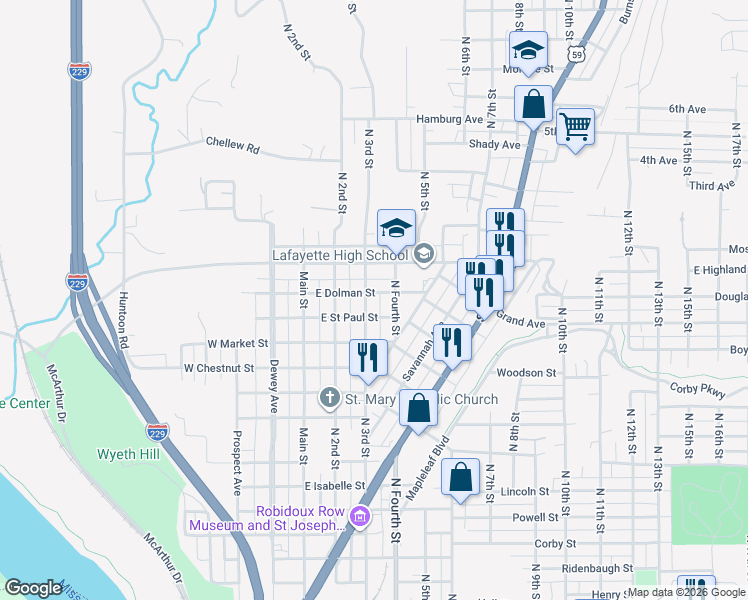 map of restaurants, bars, coffee shops, grocery stores, and more near 2110 North 3rd Street in Saint Joseph