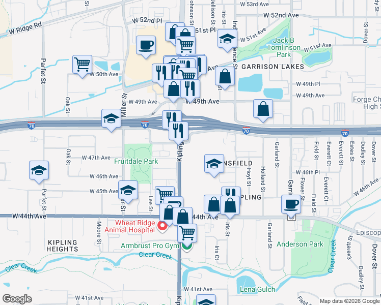 map of restaurants, bars, coffee shops, grocery stores, and more near 9870 Interstate 70 Frontage Road South in Golden