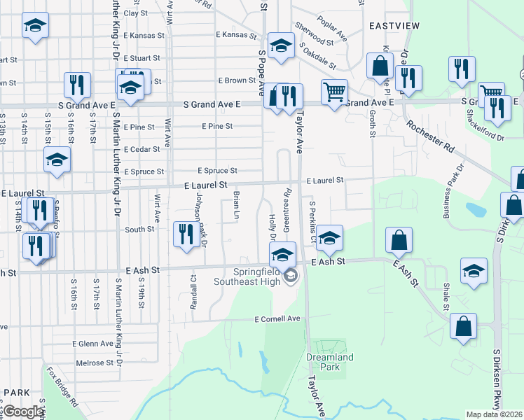 map of restaurants, bars, coffee shops, grocery stores, and more near 1810 Holly Drive in Springfield