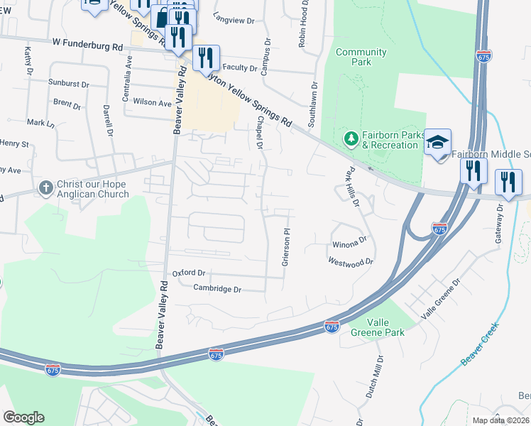 map of restaurants, bars, coffee shops, grocery stores, and more near 2149 Chapel Drive in Fairborn