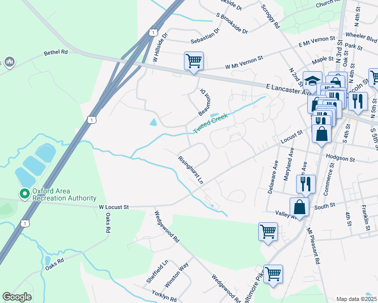 map of restaurants, bars, coffee shops, grocery stores, and more near 607 Abingdon Circle in Oxford