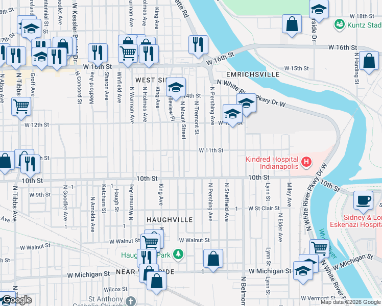 map of restaurants, bars, coffee shops, grocery stores, and more near 1114 North Mount Street in Indianapolis