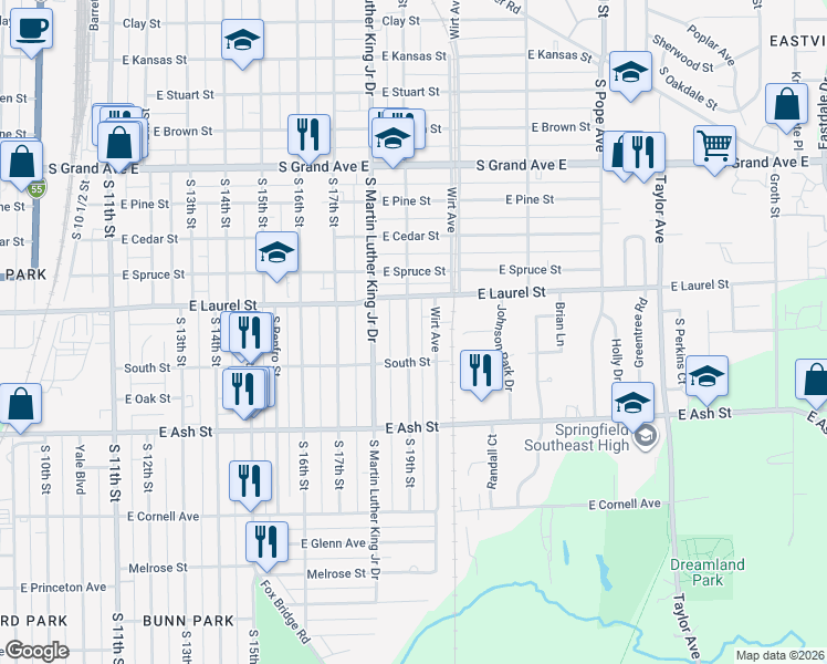 map of restaurants, bars, coffee shops, grocery stores, and more near 1806 South 19th Street in Springfield