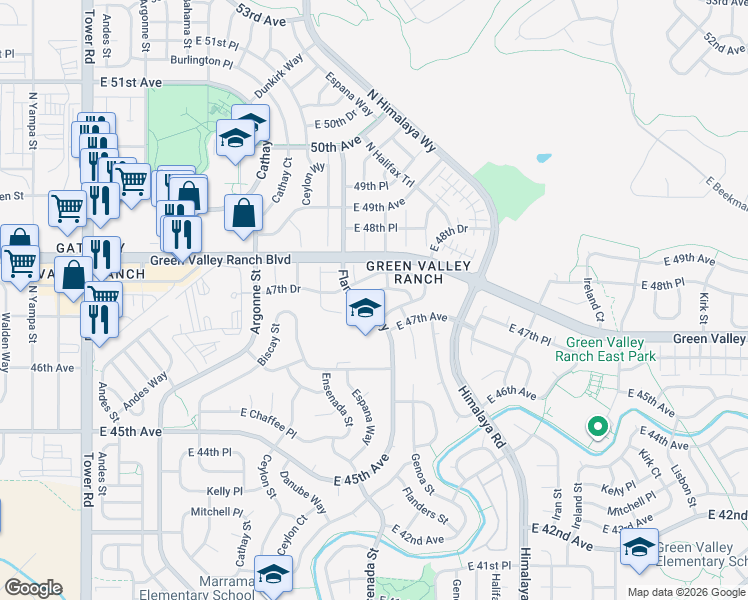 map of restaurants, bars, coffee shops, grocery stores, and more near 18564 East 47th Place in Denver